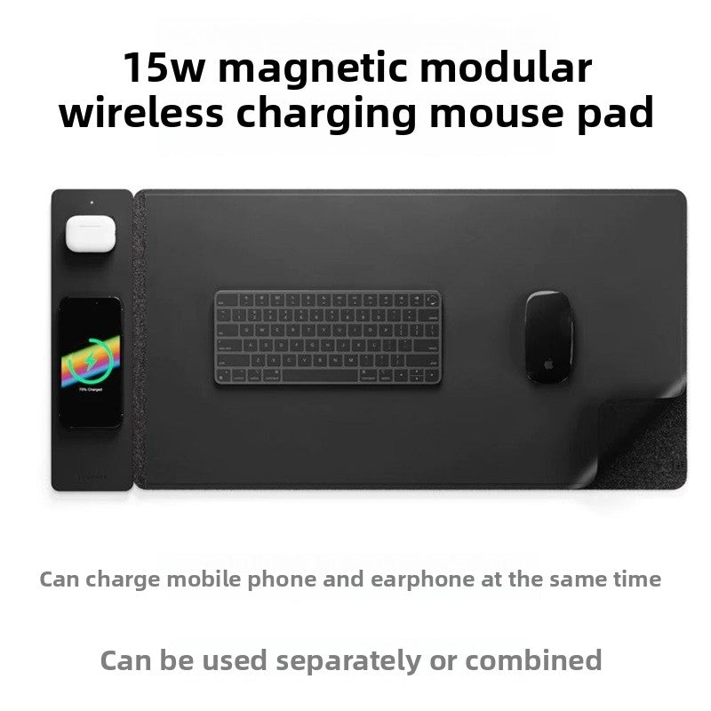 PU Leather Wireless Charging Mousepad — Magnetic 15W Phone & 5W Earphone Charging for Office & Gaming Desks