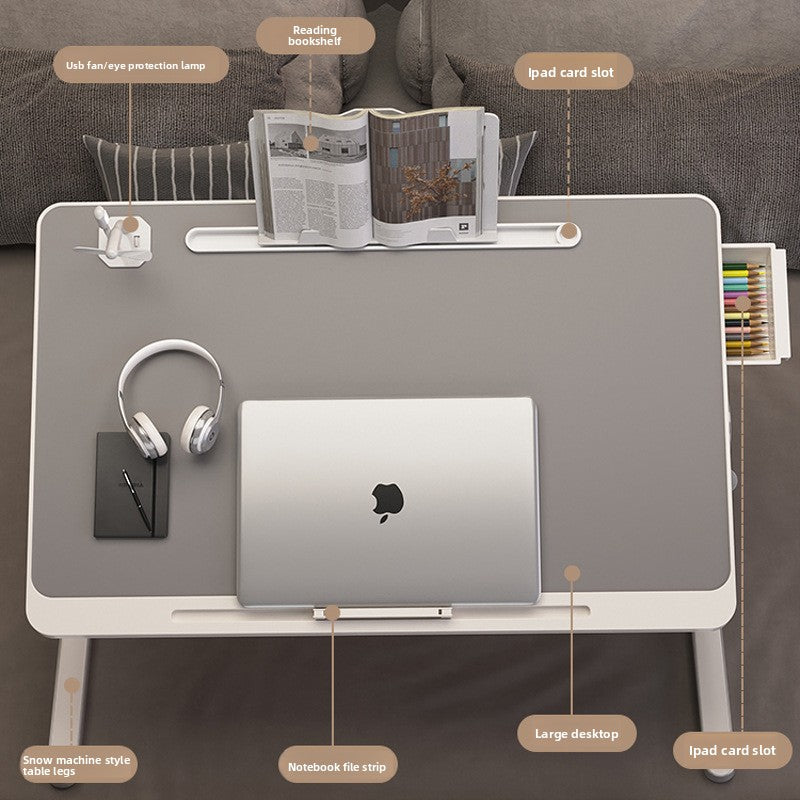 Adjustable Folding Desk with USB Port — Foldable Laptop Table with Storage Drawer & Bookshelf for Home Office Desk, Bed, Sofa & Small Spaces