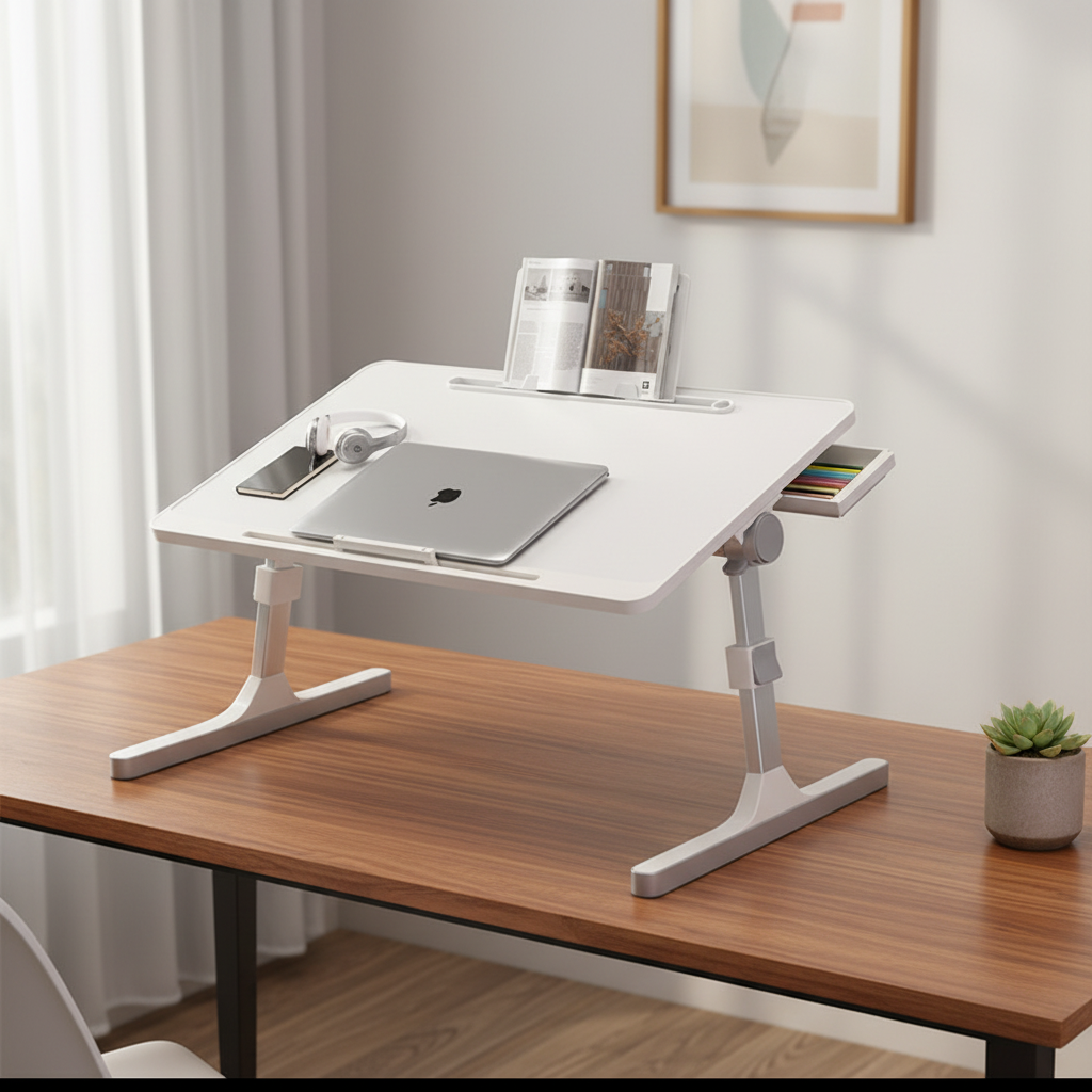 Adjustable Folding Desk with USB Port — Foldable Laptop Table with Storage Drawer & Bookshelf for Home Office Desk, Bed, Sofa & Small Spaces
