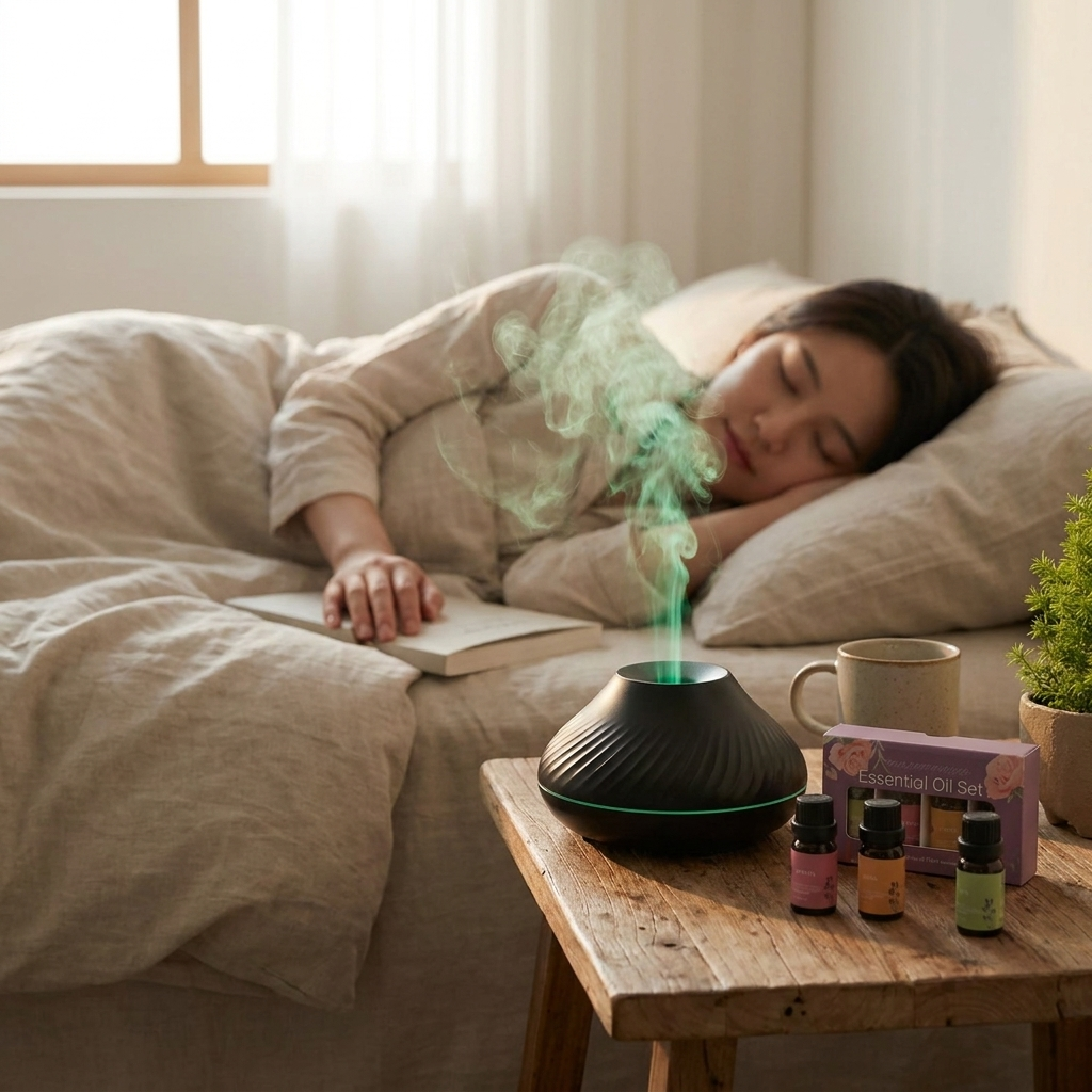 Flame-Effect Aromatherapy Diffuser in a calm bedroom lifestyle setting