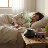 Flame-Effect Aromatherapy Diffuser in a calm bedroom lifestyle setting