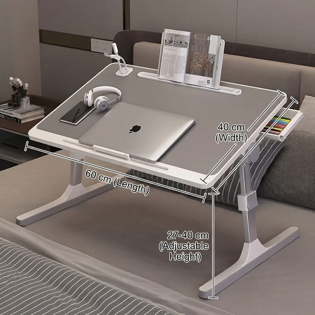 Adjustable Folding Desk with USB Port — Foldable Laptop Table with Storage Drawer & Bookshelf for Home Office Desk, Bed, Sofa & Small Spaces