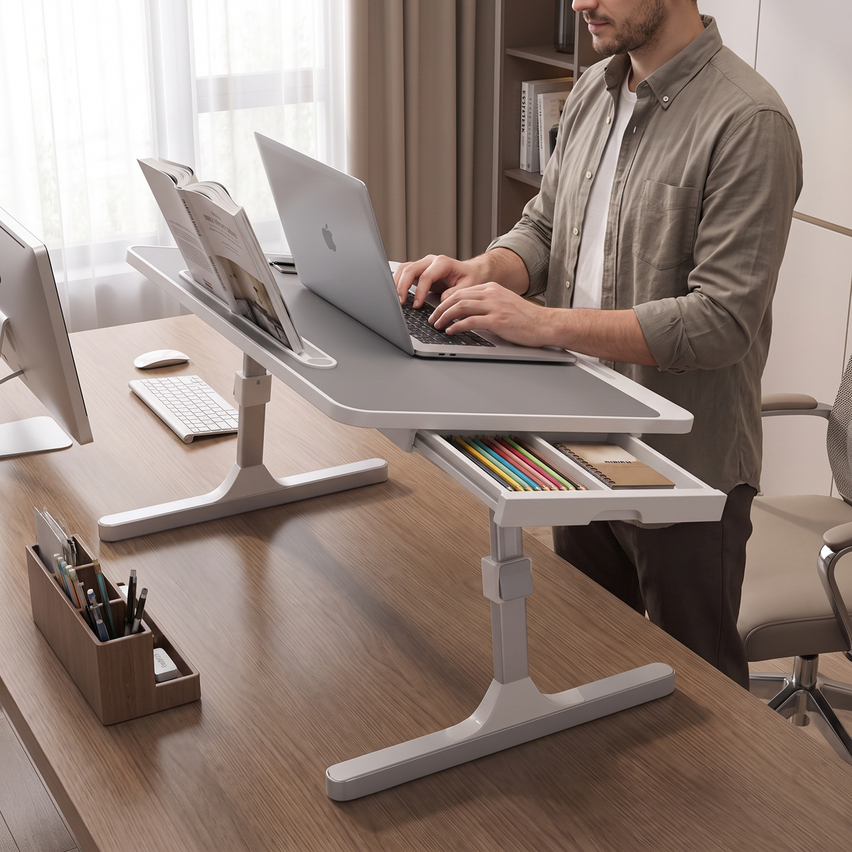 Adjustable Folding Desk with USB Port — Foldable Laptop Table with Storage Drawer & Bookshelf for Home Office Desk, Bed, Sofa & Small Spaces